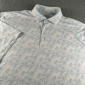 Kentucky Derby Polo Mens XL White Blue Floral Rose Print Short Sleeve Golf